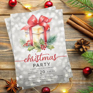 Invitación Navidades Holiday Watercolor Company Bokeh Silver