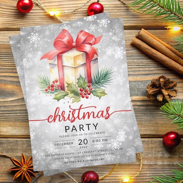 Invitación Navidades Holiday Watercolor Company Snow Silver (Christmas Holiday Watercolor Company Snow Silver Invitation)