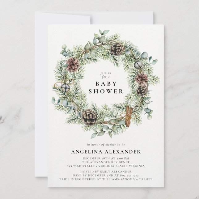 Invitación Navidades Holiday Wreath Baby Shower (Anverso)