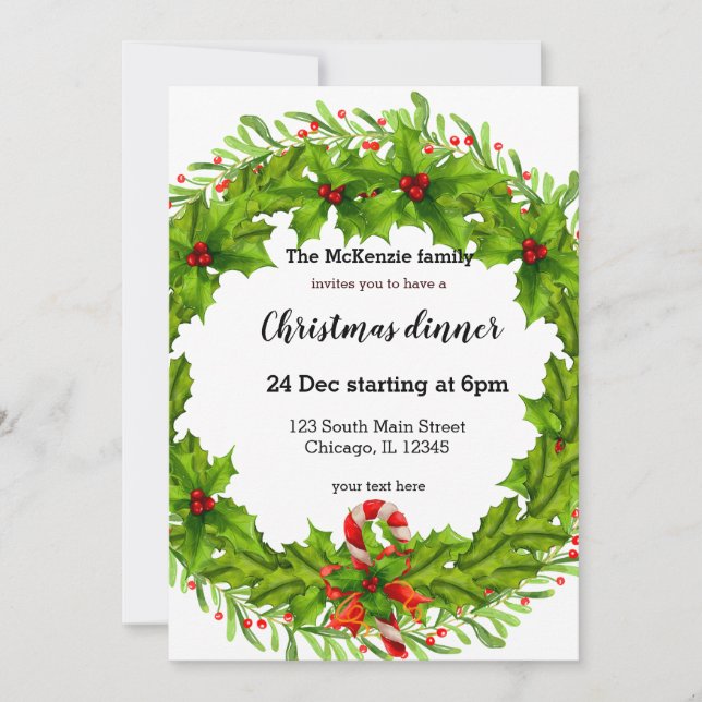 Invitación Navidades holly berries wreath (Anverso)