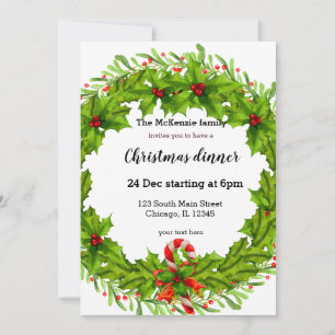 Invitación Navidades holly berries wreath