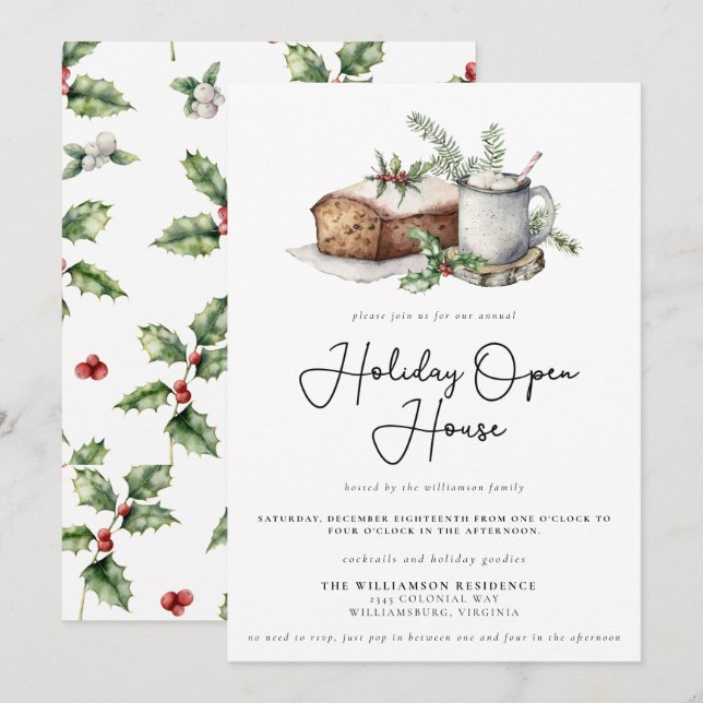 Invitación Navidades Holly Berry Holiday Open House (Anverso / Reverso)
