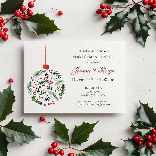 Invitación Navidades Holly Ornament Winter Engagement Party (Christmas Holly Ornament Winter Engagement Party Invitation)
