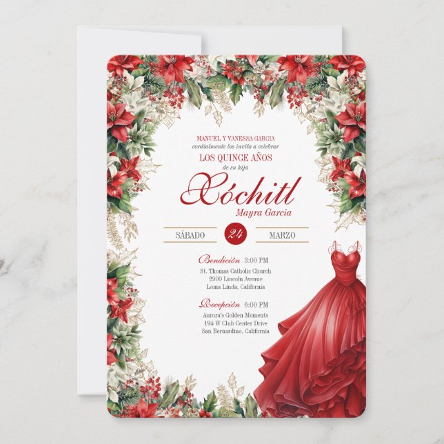 Invitación Navidades Holly Red Winter Holiday Quinceañera (Anverso)