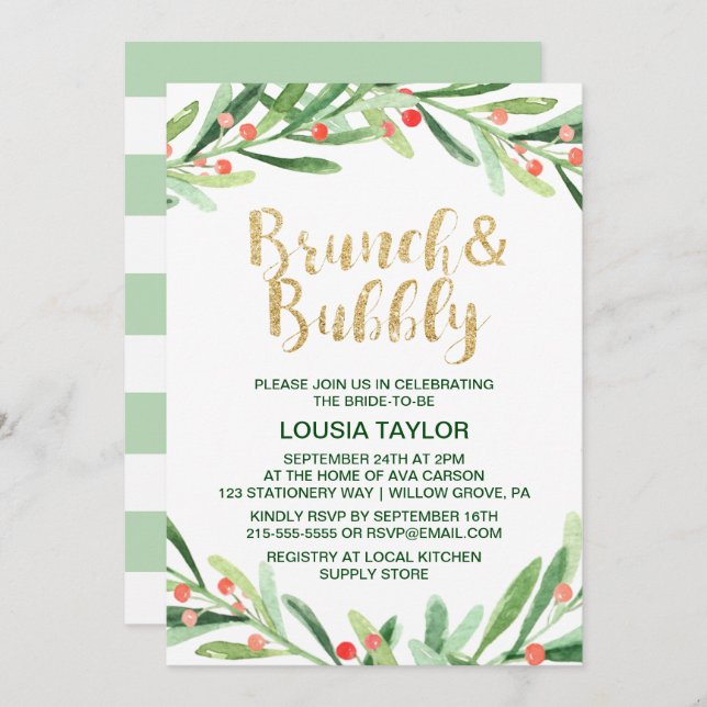 Invitación Navidades Holly Wreath Brunch & Bubbly (Anverso / Reverso)