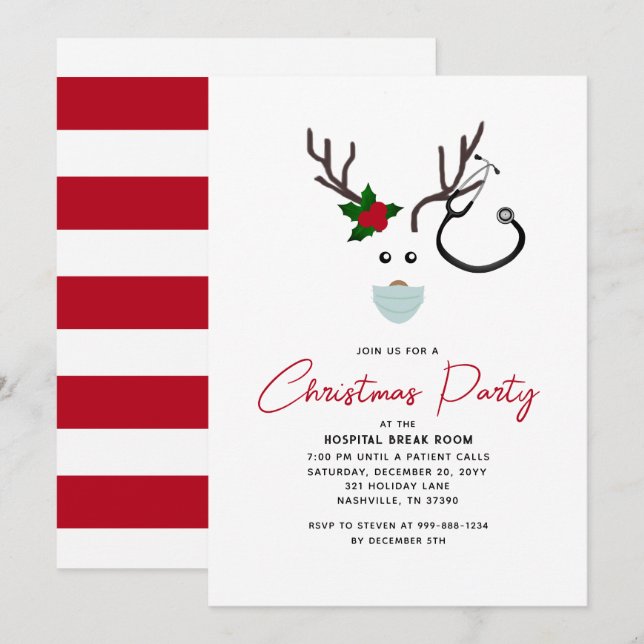 Invitación Navidades hospitalarios Fiesta reno rojo (Anverso / Reverso)