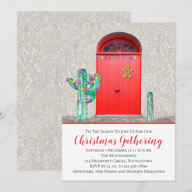 Invitación Navidades iluminan puertas rojas de Cactus del sur (Anverso / Reverso)