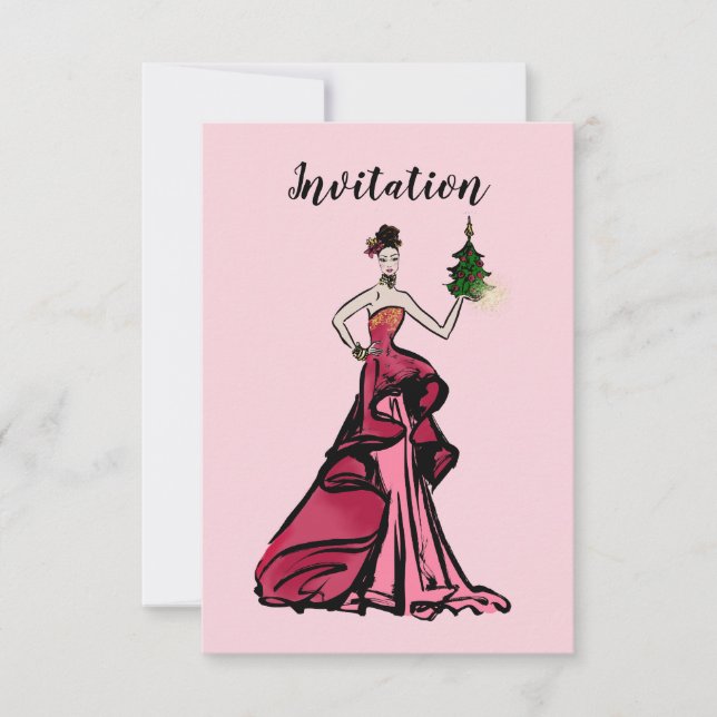 Invitación Navidades Ilustracion de moda con árbol (Anverso)