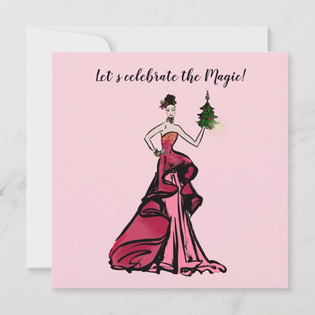 Invitación Navidades Ilustracion de moda con árbol (Anverso)