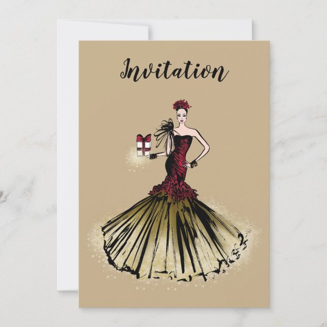 Invitación Navidades Ilustracion de moda con paquete (Anverso)