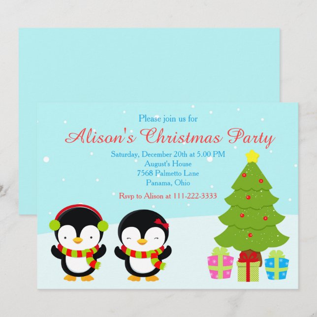 Invitación Navidades inteligentes: pingüinos de invierno y ár (Anverso / Reverso)