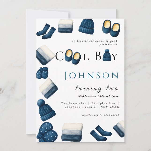 Invitación navidades invierno cálido muchacho que cumple dos  (Anverso)