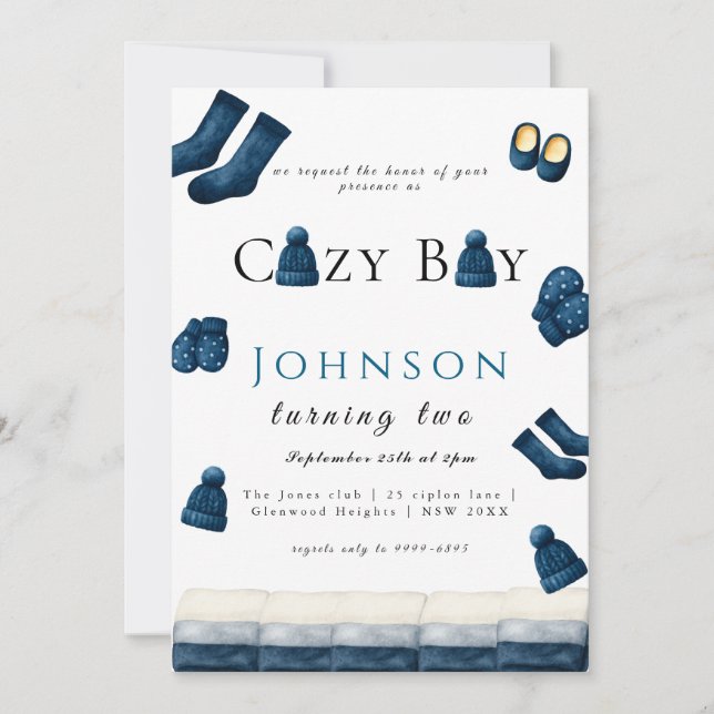 Invitación navidades invierno cálido muchacho que cumple dos  (Anverso)