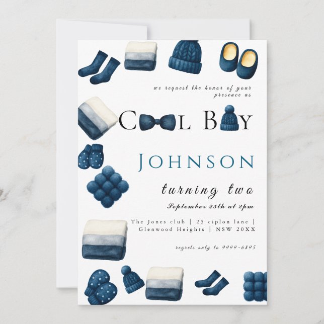 Invitación navidades invierno cálido muchacho que cumple dos  (Anverso)