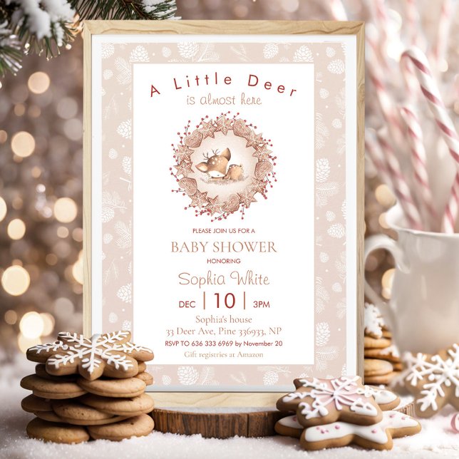 Invitación Navidades invierno Neutral Beige Baby Shower Deer (Christmas Winter Neutral Beige Baby Shower Deer Invitation)