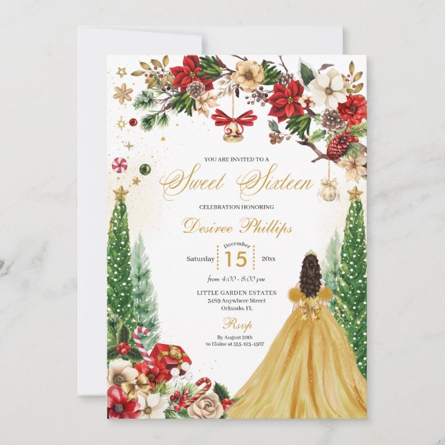 Invitación Navidades Invierno Red Gold Poinsettia Dulce Dieci (Anverso)