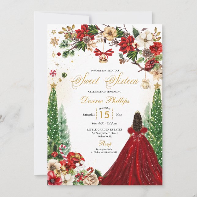 Invitación Navidades Invierno Red Gold Poinsettia Dulce Dieci (Anverso)