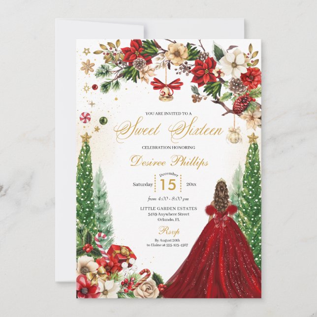Invitación Navidades Invierno Red Gold Poinsettia Dulce Dieci (Anverso)