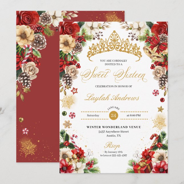 Invitación Navidades Invierno Rojo & Oro Poinsettia Dulce 16 (Anverso / Reverso)