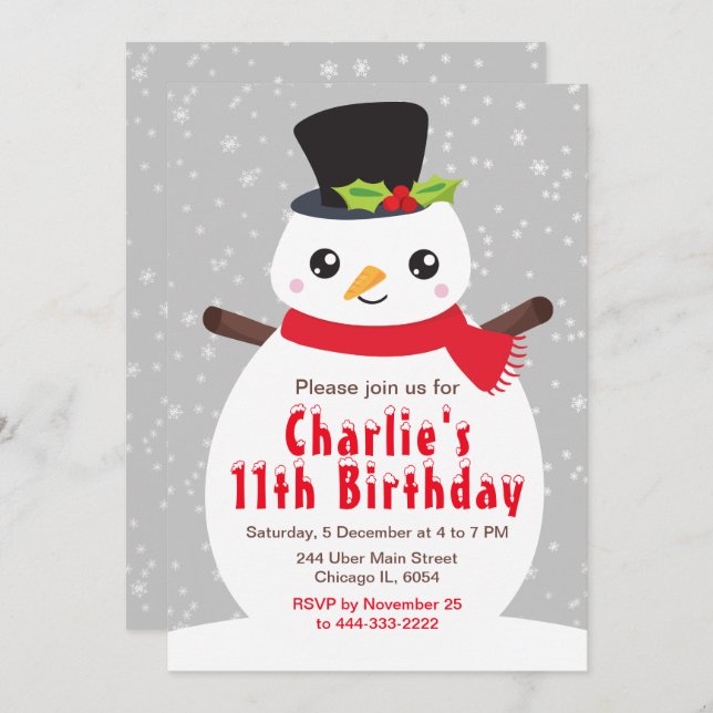 Invitación Navidades Invierno Snowman Cumpleaños Gris Plata I (Anverso / Reverso)