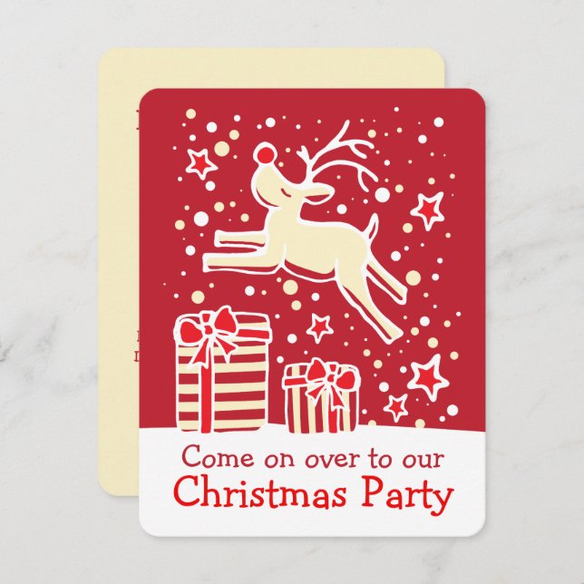 Invitación Navidades invitan a los renos a crema roja (Anverso / Reverso)