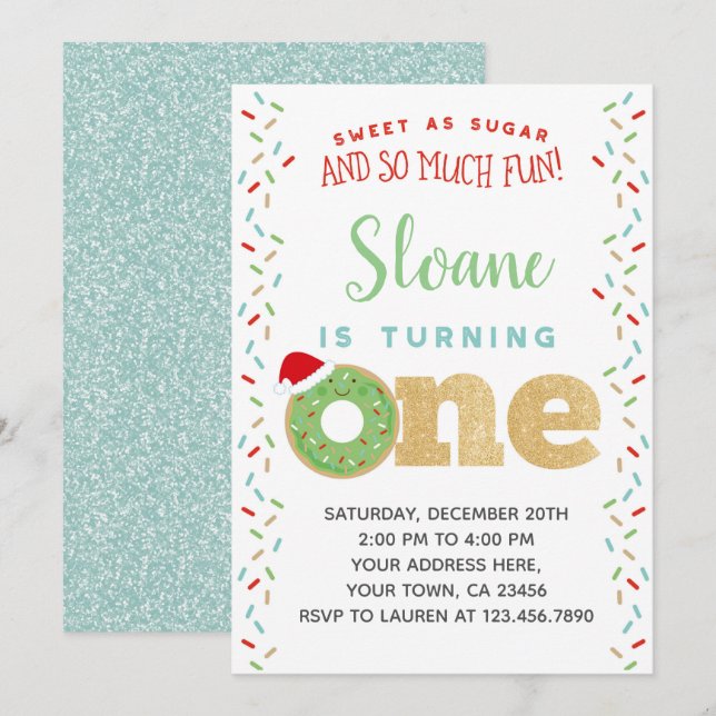 Invitación Navidades invitan al primer cumpleaños (Anverso / Reverso)