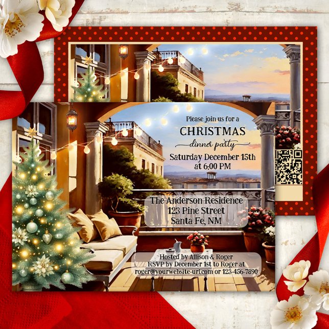 Invitación Navidades italianos acogedores Fiesta de cena (Christmas dinner party invitation featuring an Italian balcony with Christmas tree and string lights)