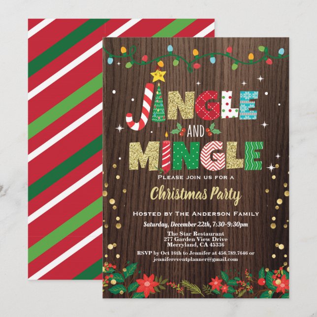 Invitación Navidades jingle y mingle Fiesta de oro rústico de (Anverso / Reverso)