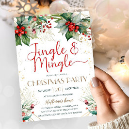 Invitación Navidades Jingle y Mingle Fiesta Greenery Red Berr
