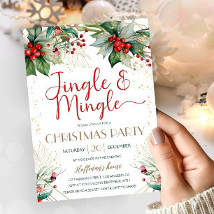 Invitación Navidades Jingle y Mingle Fiesta Greenery Red Berr