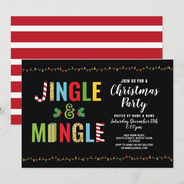 Invitación Navidades Jingle y Mingle Fiesta Holly Holidays (Anverso / Reverso)