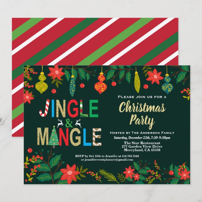 Invitación Navidades Jingle y Mingle Fiesta negro y oro (Anverso / Reverso)