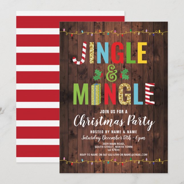 Invitación Navidades Jingle y Mingle Fiesta vacaciones Madera (Anverso / Reverso)