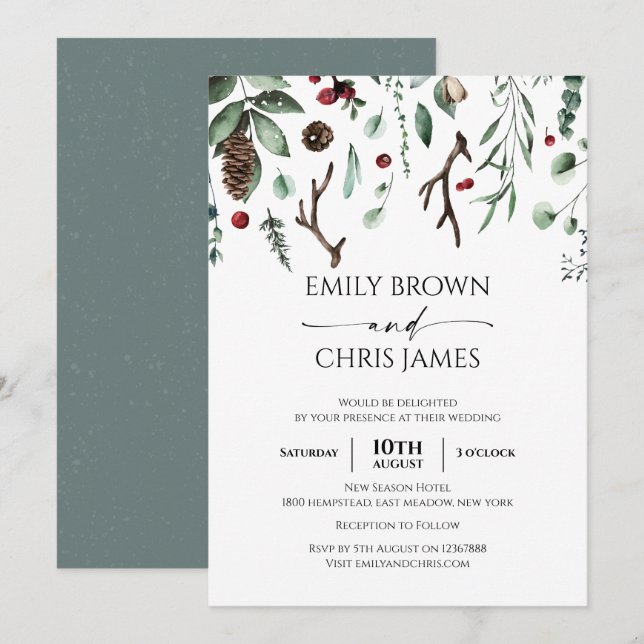 Invitación Navidades Joy | Elegante acuarela Boda de invierno (Anverso / Reverso)