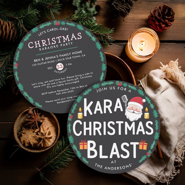 Invitación Navidades Karaoke Fiesta Santa Carols Vinyl Record (christmas party invitation karaoke family office vintage retro nostalgia vinyl record santa carols)