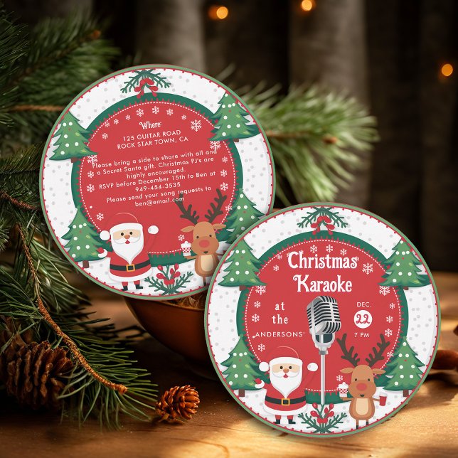Invitación Navidades Karaoke Santa Reindeer Vinyl Record (christmas party invitation karaoke family office vintage retro nostalgia vinyl record santa reindeer)