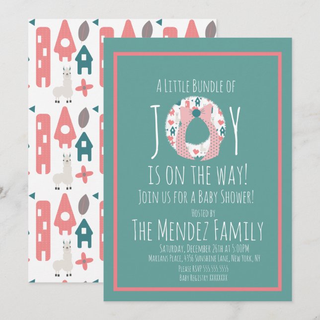 Invitación Navidades llaman a Baby Shower Wreath Joy Bundle (Anverso / Reverso)