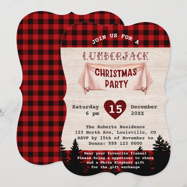 Invitación Navidades Lumberjack Fiesta Red Buffalo Wood (Anverso / Reverso)