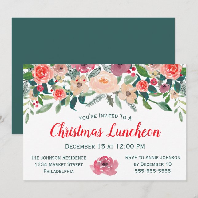 Invitación Navidades Luncheon Event Winter Florals (Anverso / Reverso)