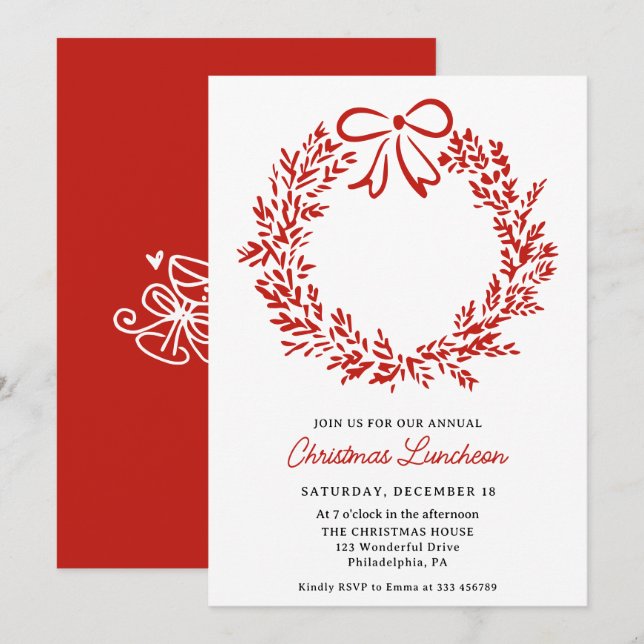Invitación Navidades Luncheon Fancy Wreath Holiday (Anverso / Reverso)