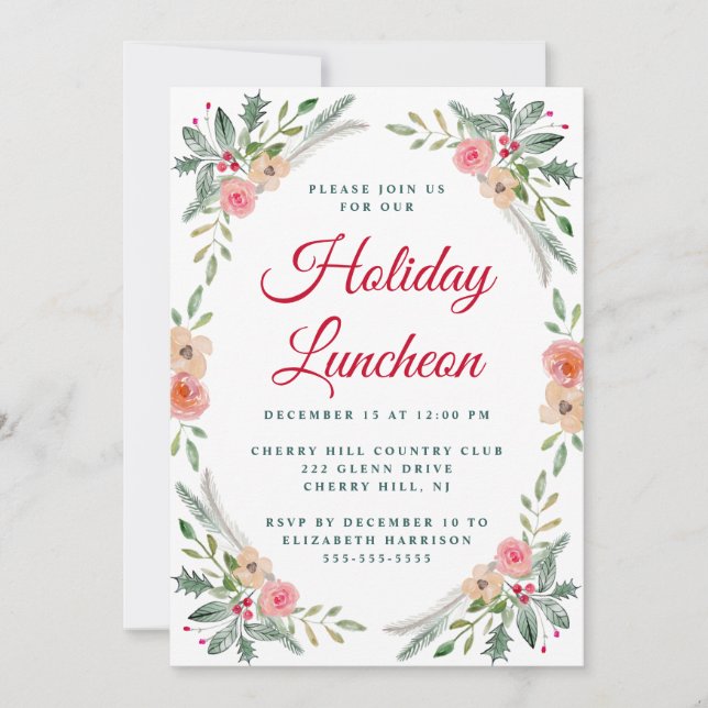 Invitación Navidades Luncheon Winter Floral Watercolor (Anverso)