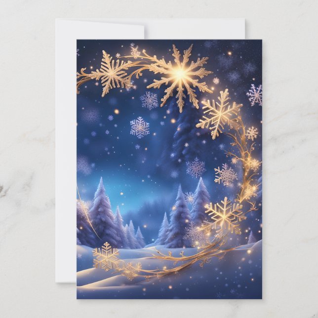Invitación Navidades mágicos - copos de nieve dorados, casa a (Anverso)