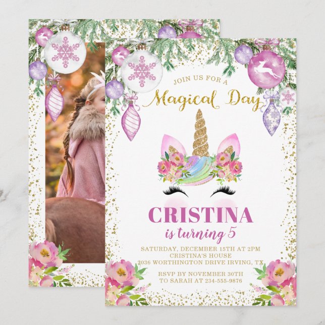 Invitación Navidades mágicos Floral Unicorn Foto Cumpleaños (Anverso / Reverso)