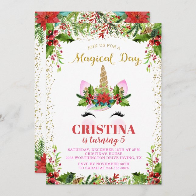 Invitación Navidades mágicos Holly Berries Unicorn Cumpleaños (Anverso / Reverso)
