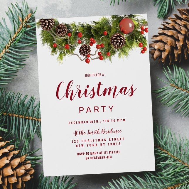 Invitación Navidades marrones rojos verdes bayas de flores (Green red brown Christmas berries floral wreath Invitation)