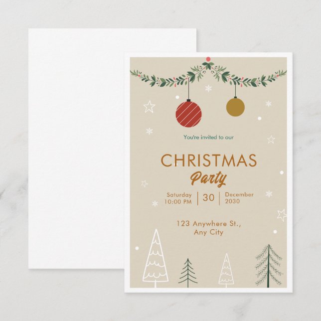 Invitación Navidades Minimalistas beige y verde (Anverso / Reverso)
