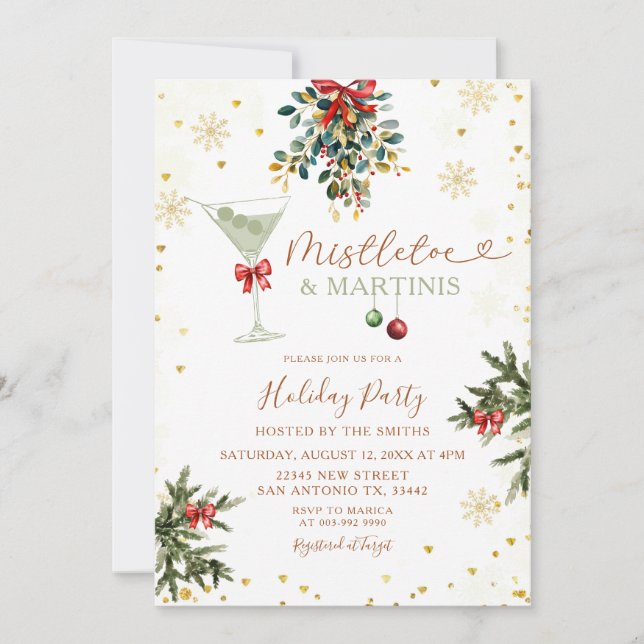 Invitación Navidades Mistletoe y Martini Gold Bridal Shower (Anverso)