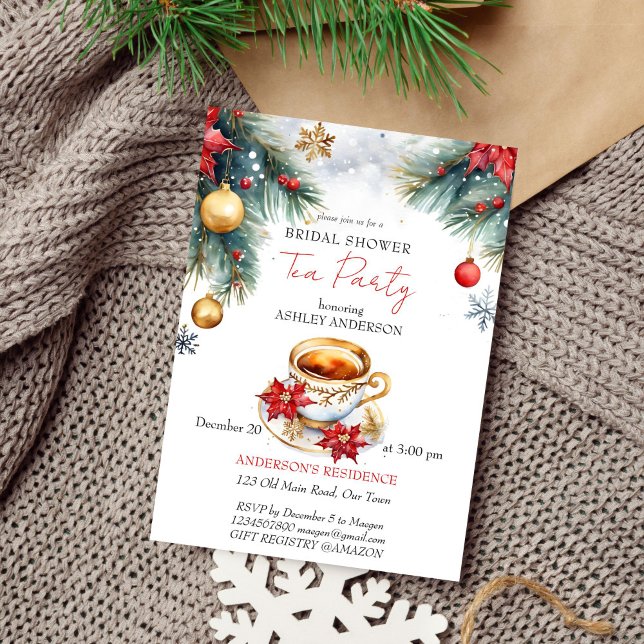 Invitación Navidades modelo de fiesta de té de ducha de novia (Christmas winter bridal shower tea party editable template invitation digital download watercolor)