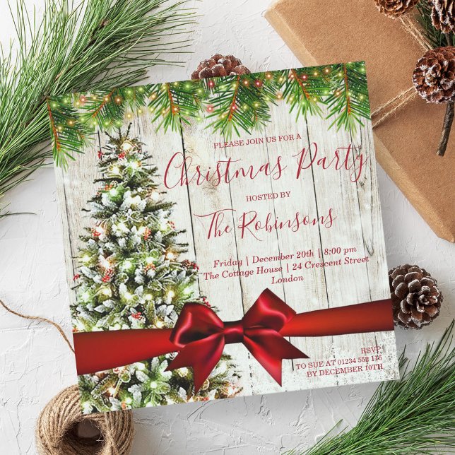 Invitación NAVIDADES MODERNOS Árbol rústico, luces y cinta ro (MODERN Christmas Rustic Tree, Lights & Red Ribbon Invitation)