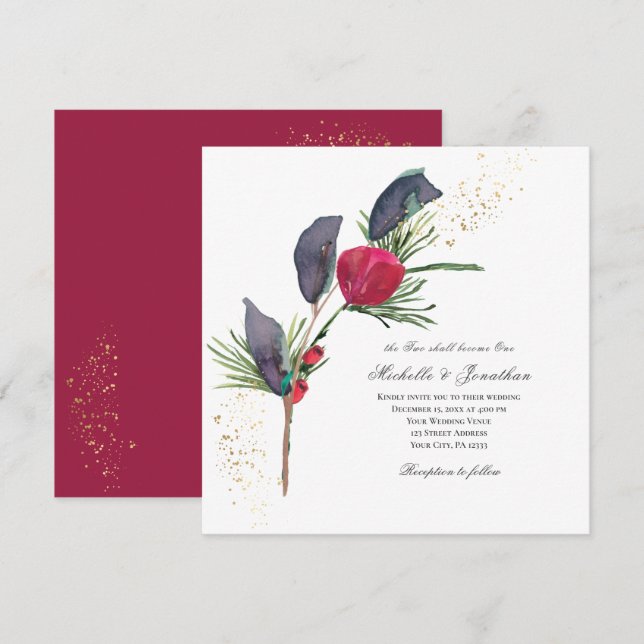 Invitación Navidades modernos Boda Red Rose Winter Greenery (Anverso / Reverso)
